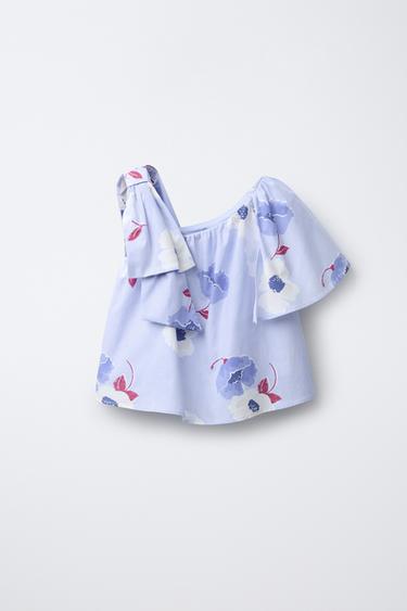 Zara ASYMMETRIC FLORAL TOP - Light blue