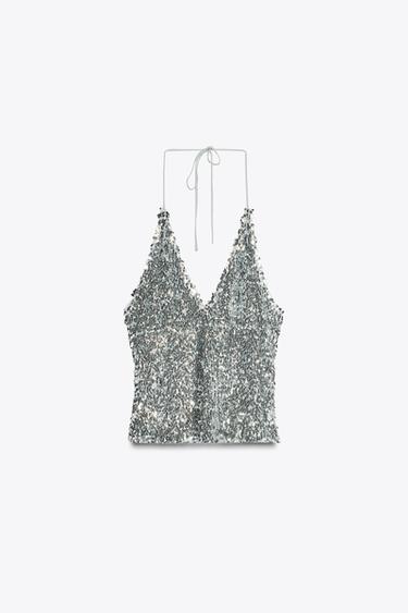 TOP HALTER À PAILLETTES - Argent de Zara - Image 6