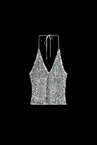 Zara SEQUIN HALTER TOP - Silver - Image 0