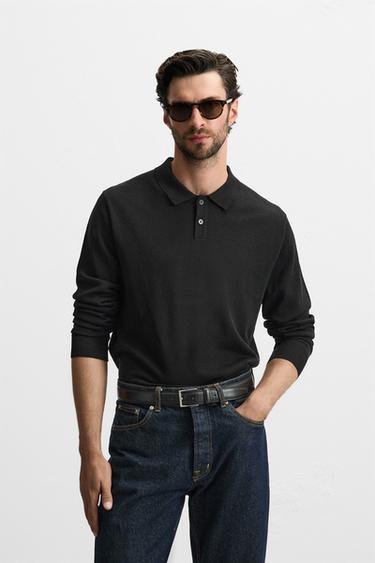Zara MERINO WOOL KNIT POLO SHIRT - Black