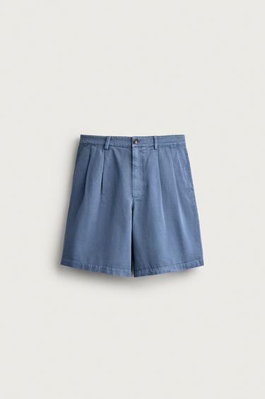 Zara 褶飾標準版短褲 - 藍色