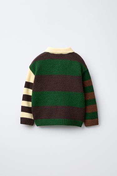 STRIPED KNIT POLO SHIRT - Brown / Green by Zara - Image 1