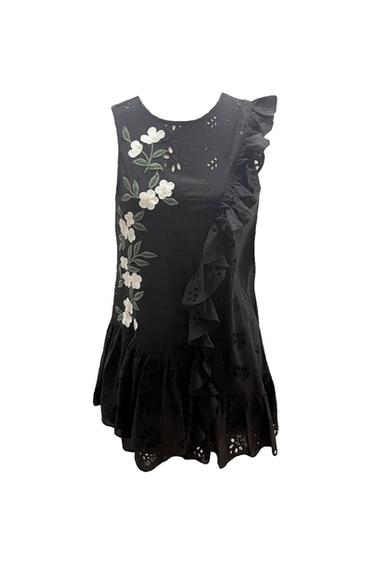 RUFFLED EYELET EMBROIDERED BLACK DRESS