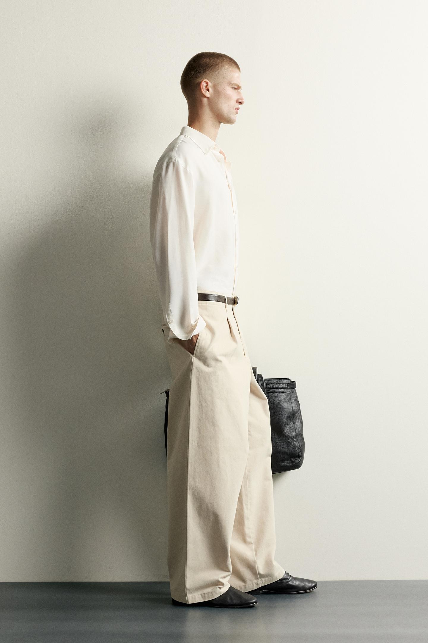 Мужские брюки Zara Relaxed Fit Pleated, цвет: Бежевый — фото 4