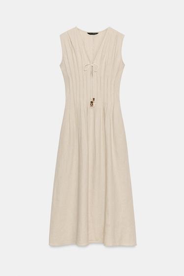 MIDI LINEN BLEND DRESS WITH TUCKS - Light beige by Zara - Image 5