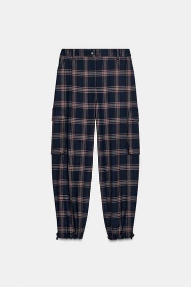 Zara CHECK CARGO BALLOON PANTS - Red / Navy
