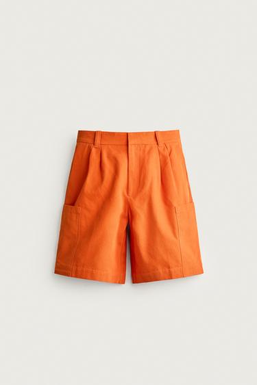 Zara 休閒版工裝打褶短褲 - 橙色