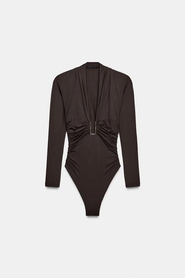 Zara DRAPED POLYAMIDE BODYSUIT - Dark khaki
