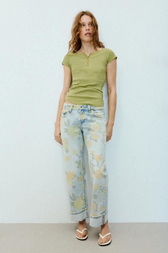 JEANS TRF LOOSE FOLDED TIRO BAJO FLORES - Celeste de Zara - Imagen 0