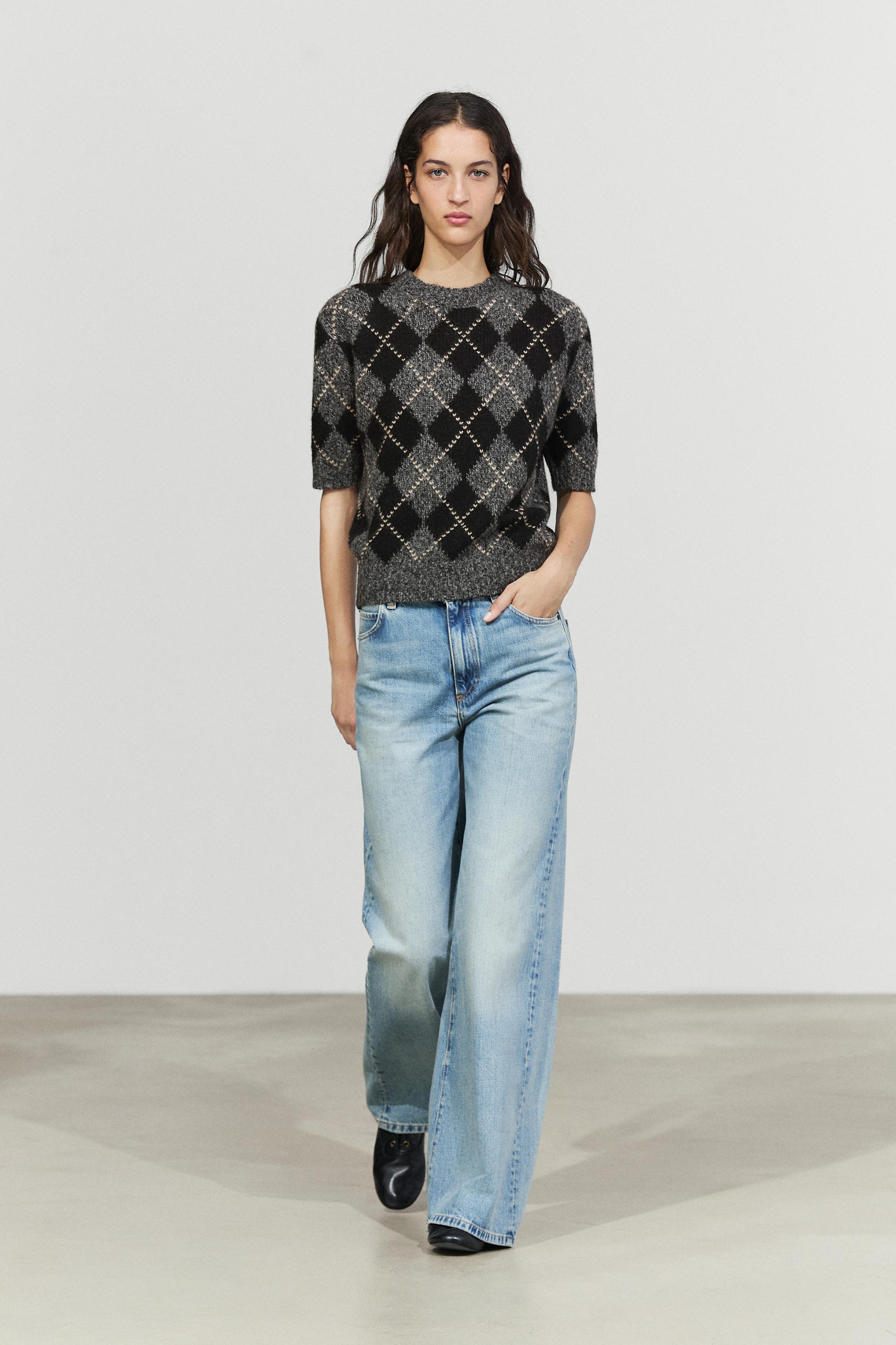 Cashmere-blend short sleeve argyle knit sweater - 210 | ZARA