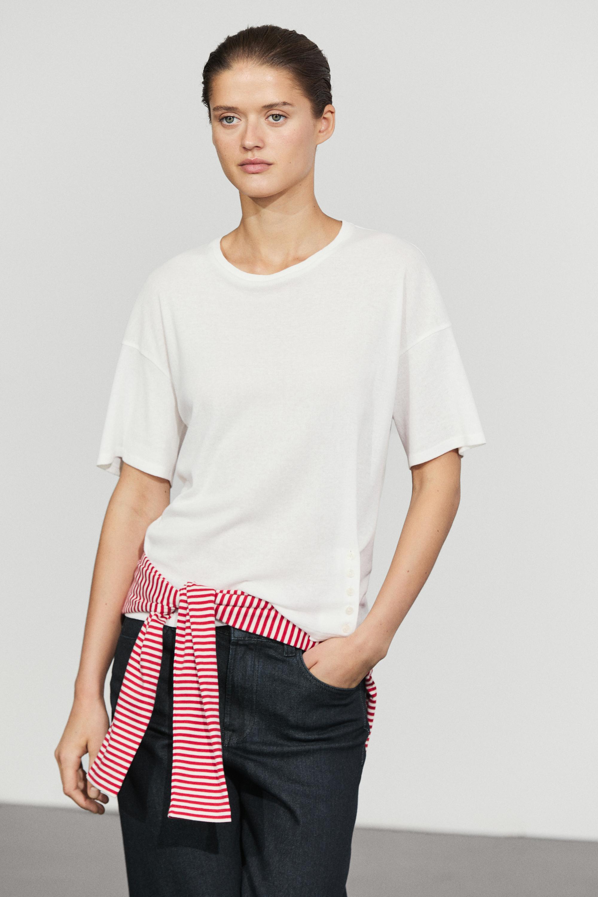 Button-detail short sleeve T-shirt — Oyster-white