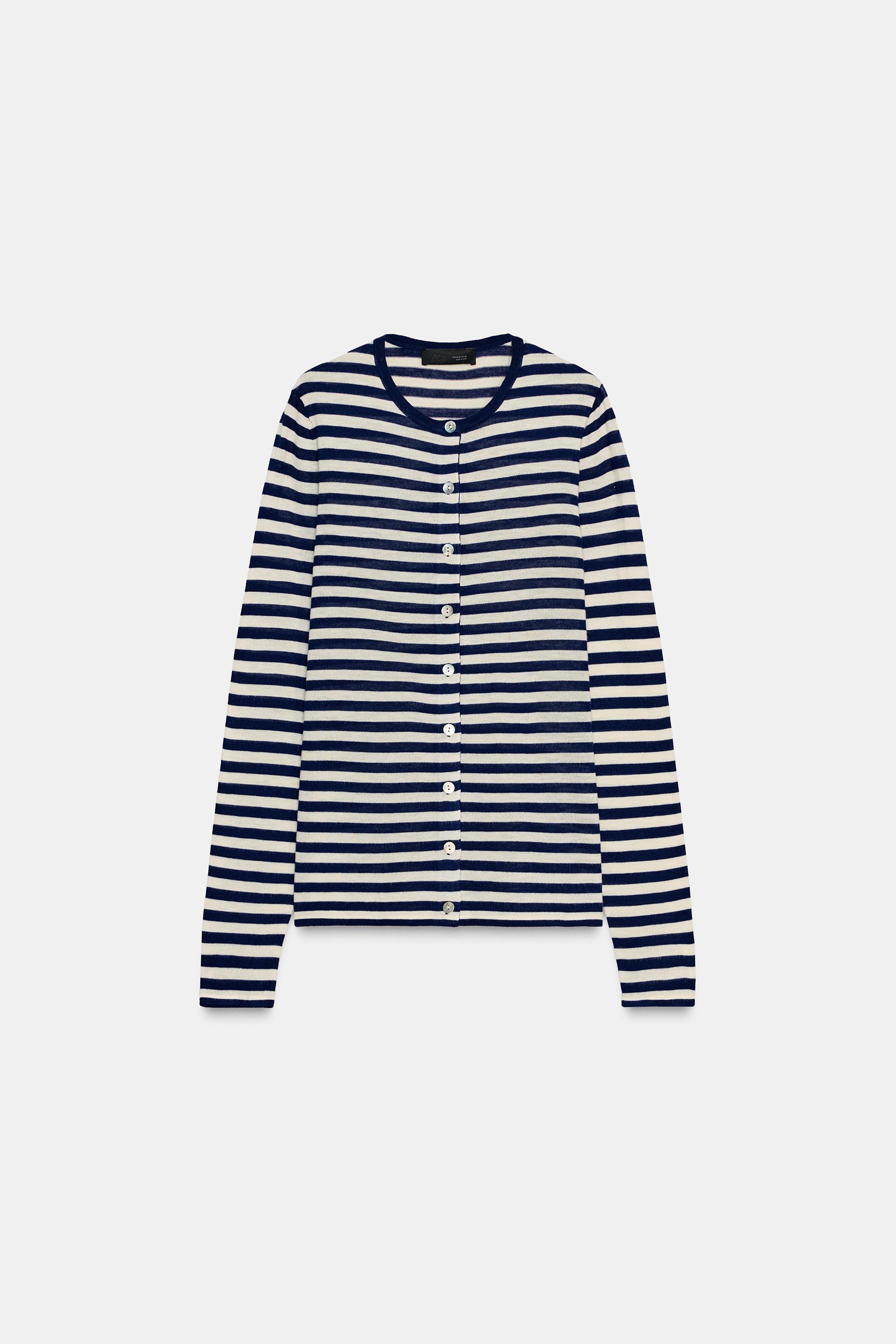 STRIPED KNIT CARDIGAN - Ecru / Blue | ZARA Canada