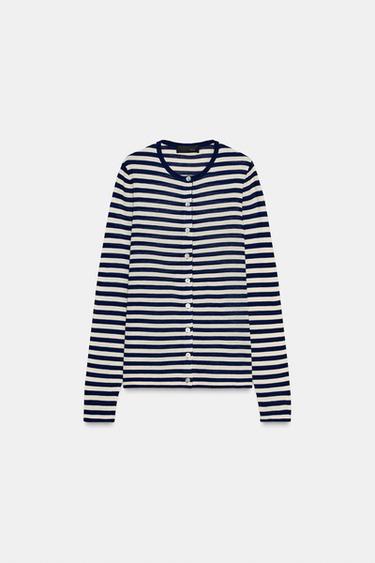 Zara STRIPED KNIT CARDIGAN - Ecru / Blue