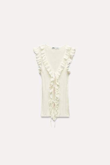 TOP PUNTO VOLANTES LAZOS - Blanco roto de Zara