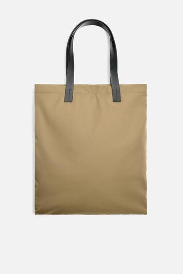 BOLSO SHOPPER TEJIDO Y PIEL - Marrón Arena de Zara