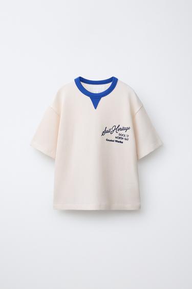 CONTRAST WAFFLE-KNIT T-SHIRT - Ecru / Blue by Zara
