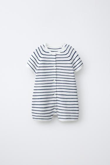 RÖVID GYÖNGYHÁZ CSÍKOS OVERÁL – Ekrü / kék a ZARA-tól