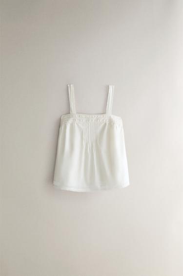 Zara LACE AND PINTUCK STRAPPY TOP - Ivory - Image 0