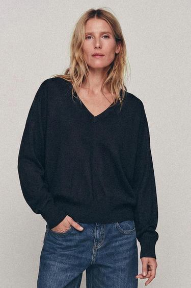 WOOL BLEND V-NECK JUMPER - Dark navy by Zara