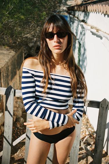 Zara STRIPED COLD SHOULDER TOP - White / Navy