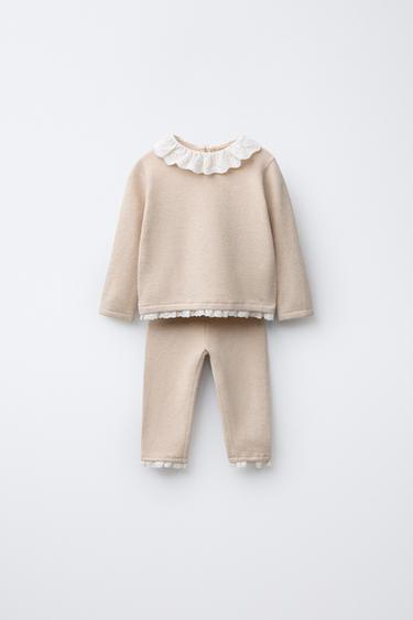 TOTAL LOOK JERSEY AND LACE KNIT TROUSERS - Dusty mauve by Zara