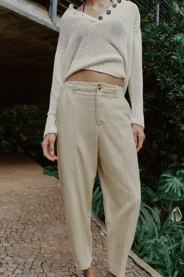 LINEN BLEND CARROT FIT CROPPED TROUSERS - Sand by Zara