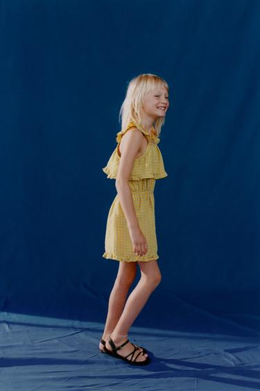 GINGHAM-JUMPSUIT MED FLÆSER I 100% HØR - Gul fra Zara