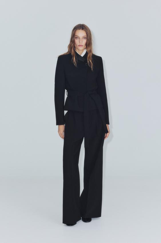 Zara ZW COLLECTION BELTED MIXED-FABRIC COLLAR BLAZER - Black - Image 0