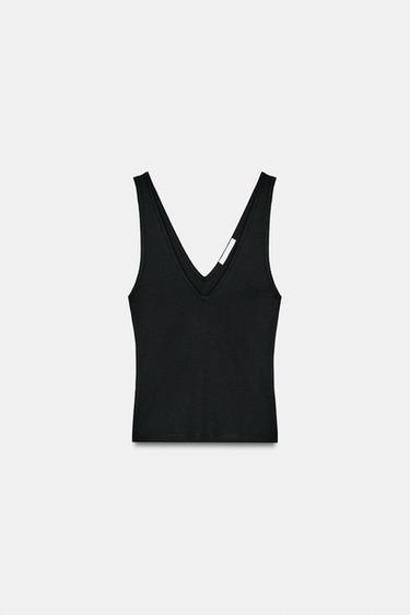 RIB V-NECK TOP - Black by Zara