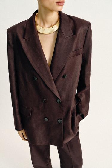 DOUBLE-BREASTED 100% LINEN BLAZER WITH SHOULDER PADS - Brown by Zara