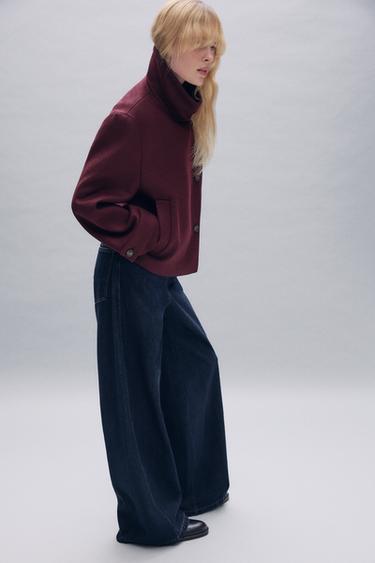 Zara WOOL BLEND DOUBLE-BREASTED SHORT COAT - Burgundy