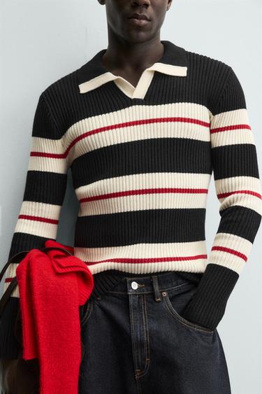 STRIPED JACQUARD KNIT POLO SHIRT - Black by Zara - Image 5