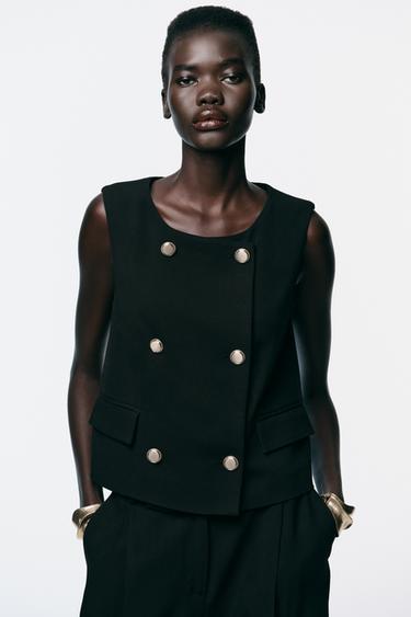 ДВУБОРТНЫЙ ЖИЛЕТ С ЗОЛОТИСТЫМИ ПУГОВИЦАМИ — ЧЕРНЫЙ от Zara