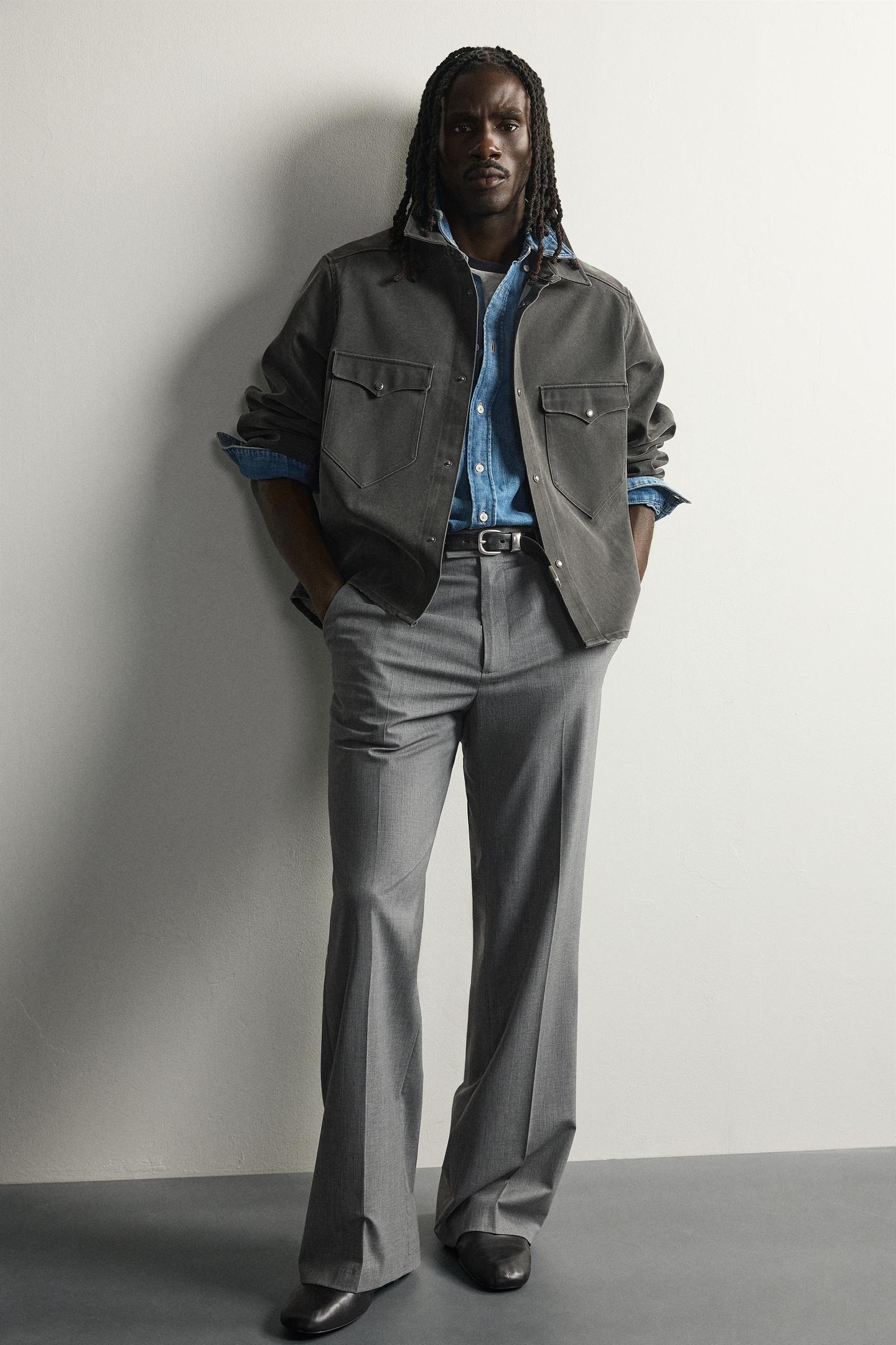 Мужская рубашка Zara Washed Faux Suede Overshirt, цвет: Серый — фото 5