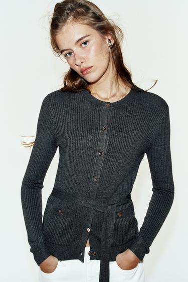 RIBBED KNIT CARDIGAN WITH BELT - Dark grey by Zara