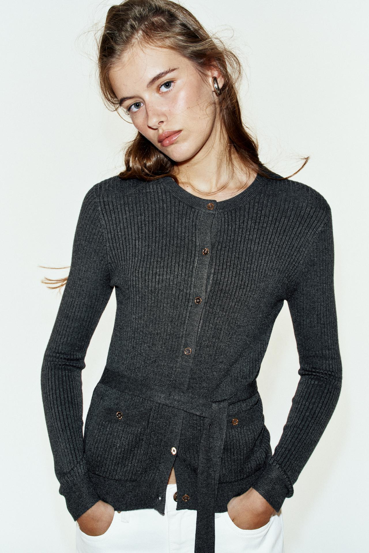 RIBBED CARDIGAN WITH BELT — Dark gray