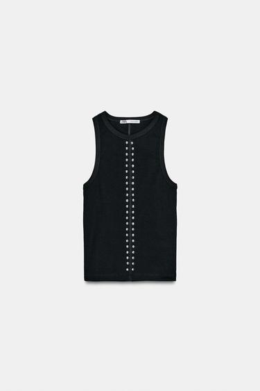 Zara RIB STUDDED T-SHIRT - Black