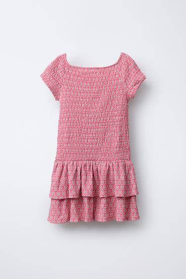 Zara SMOCKED PRINT DRESS WITH RUFFLES - Mid-pink