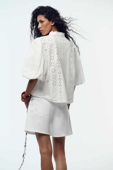 SHIRT WITH CUTWORK EMBROIDERY AND PUFF SLEEVES - White by Zara - Image 3