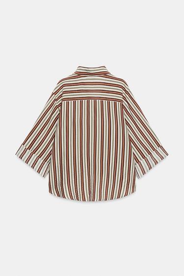 STRIPED SHIRT WITH PUFF HEM - Brown / Ecru by Zara - Image 6