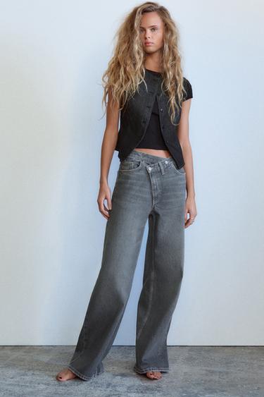 Zara TRF HIGH-WAIST WIDE LEG CROSSOVER JEANS - Gray