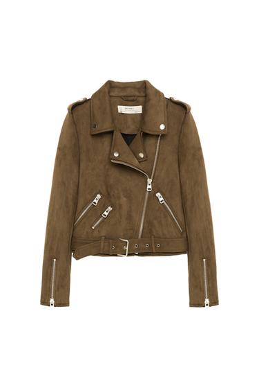 Front view of a brown biker-style jacket with metal zips and an adjustable belt.
