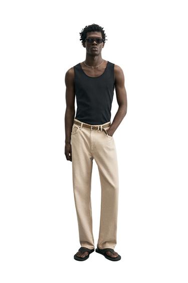 Zara 棉麻輕磅牛仔褲 - 斑紋米色
