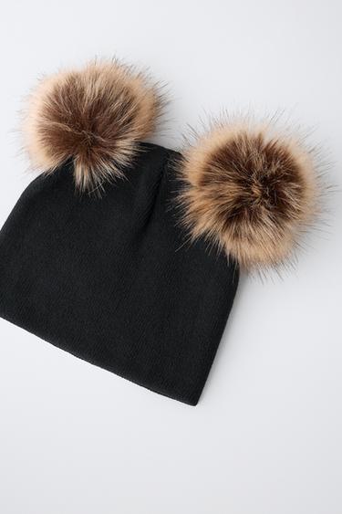 FAUX FUR POM-POM KNIT BEANIE — Black 2