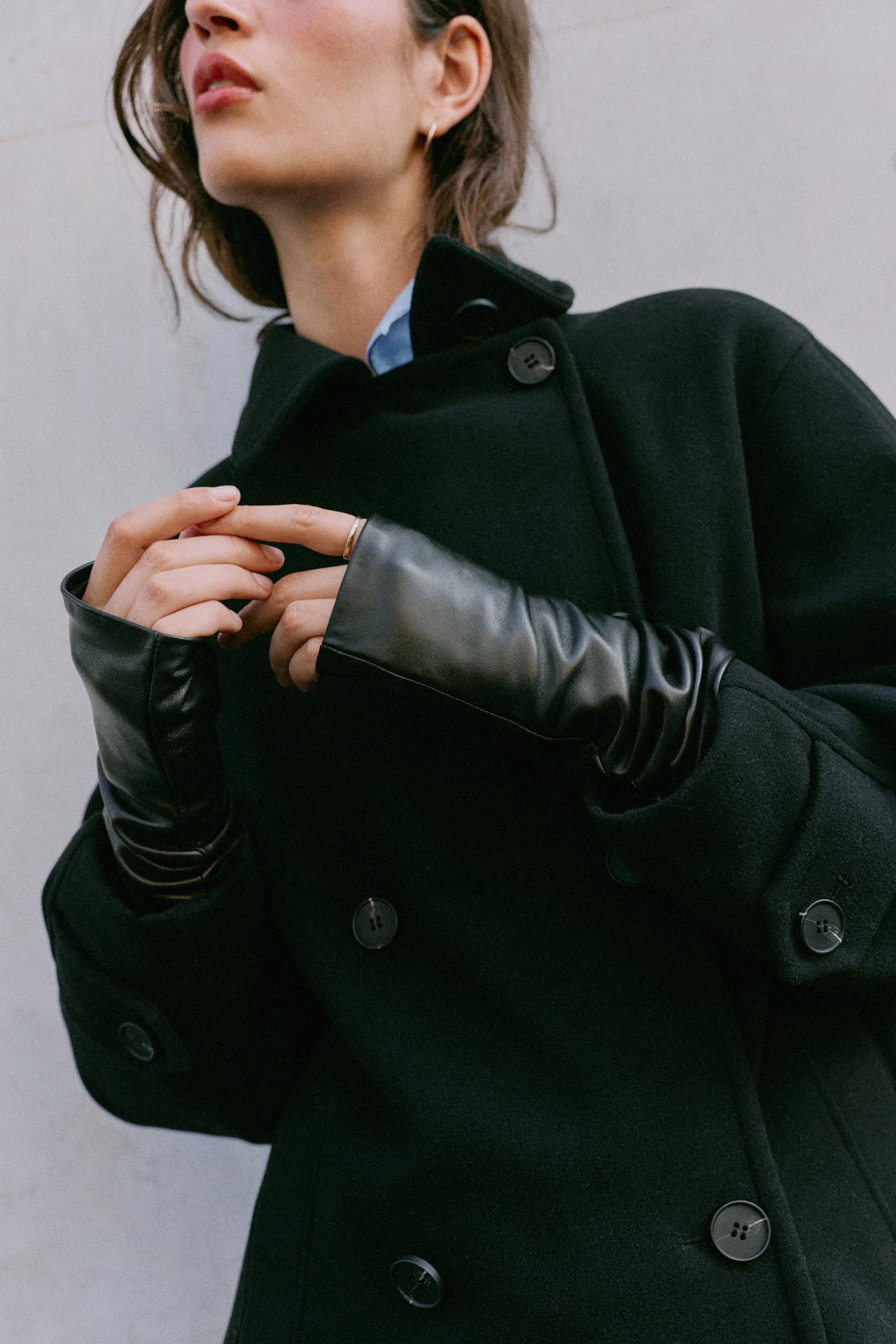 100% LEATHER LONG MITTENS — Black