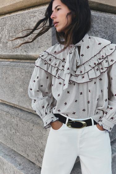 EMBROIDERED RUFFLE BLOUSE — Multicolored 1