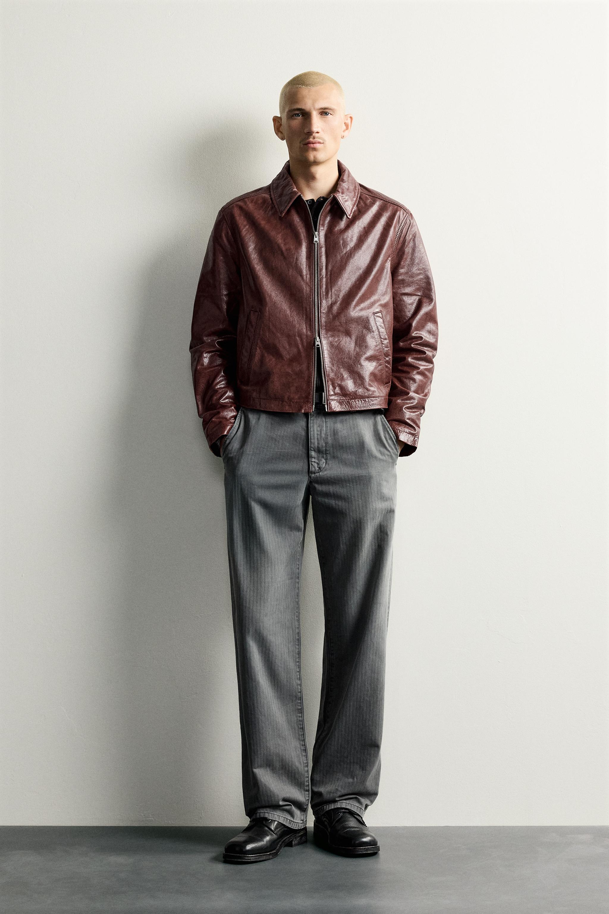 クロップドフィットレザージャケット - ダークレッド | ZARA Japan / 日本