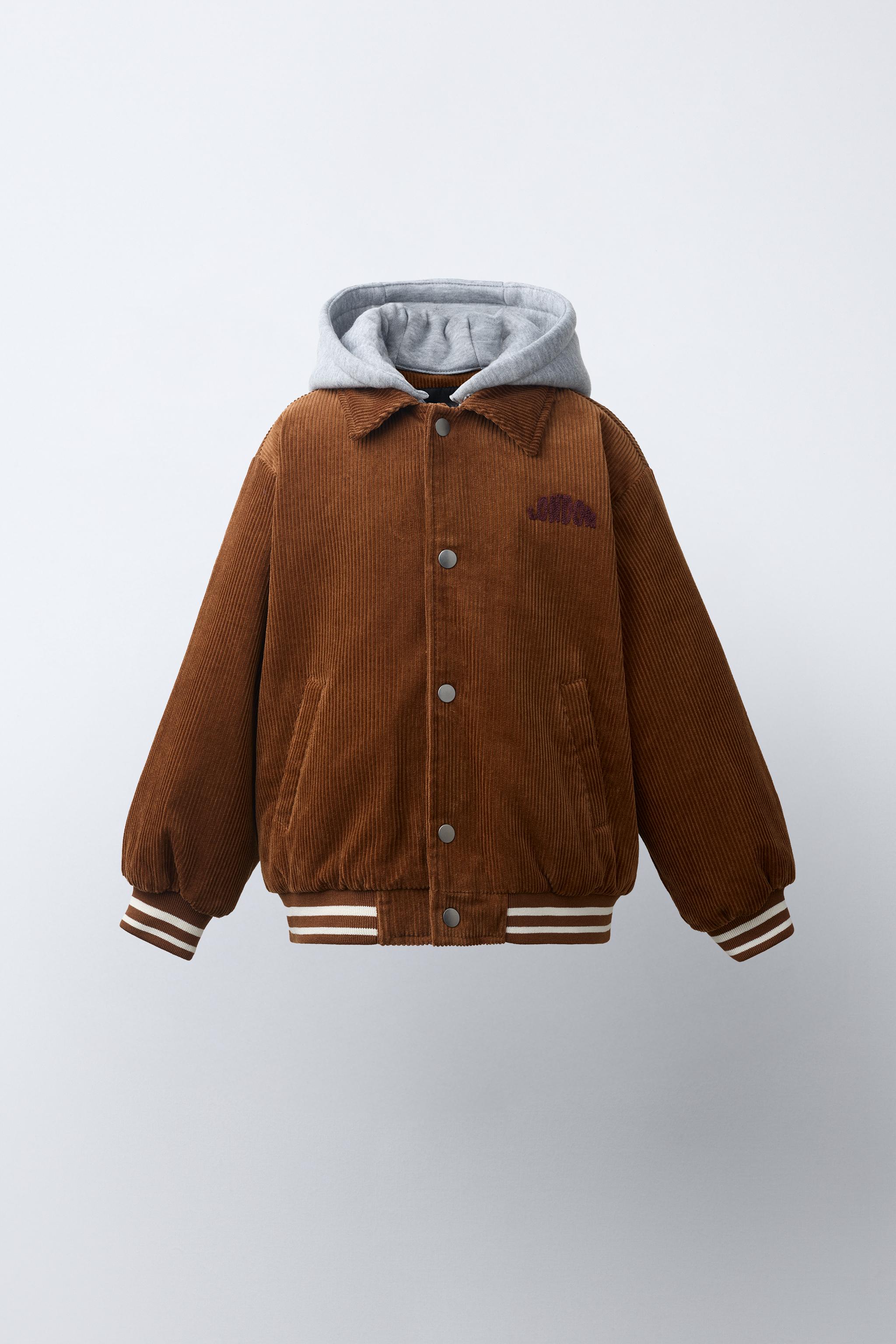 BOMBER JACKET WITH DETACHABLE HOOD — Brown