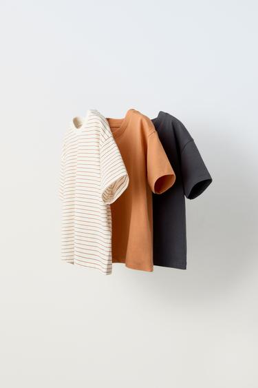 Zara THREE-PACK OF STRIPED T-SHIRTS - Russet