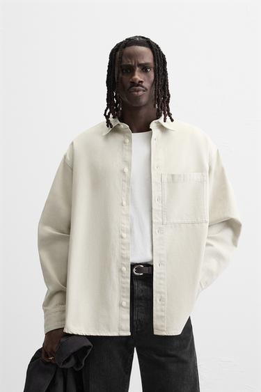Zara POCKET DENIM SHIRT - Ecru